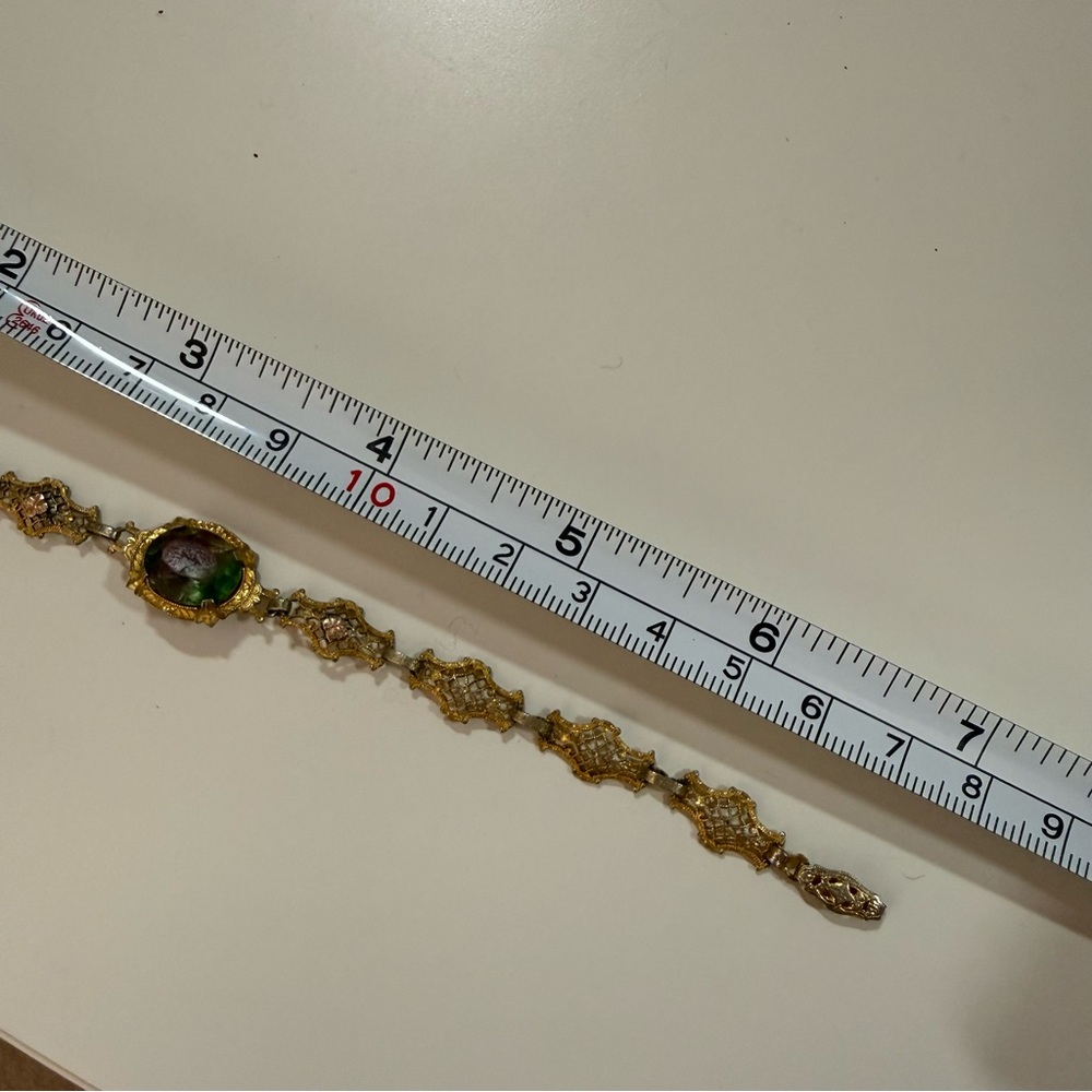 Antique Victorian Art deco Gold Filagree Green Pink iris Glass Bracelet - Picture 8 of 16